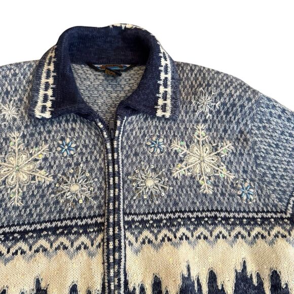Vintage Blue SHAVER LAKE Winter Christmas Snow Snowflake Zip Up Large - Picture 8 of 13